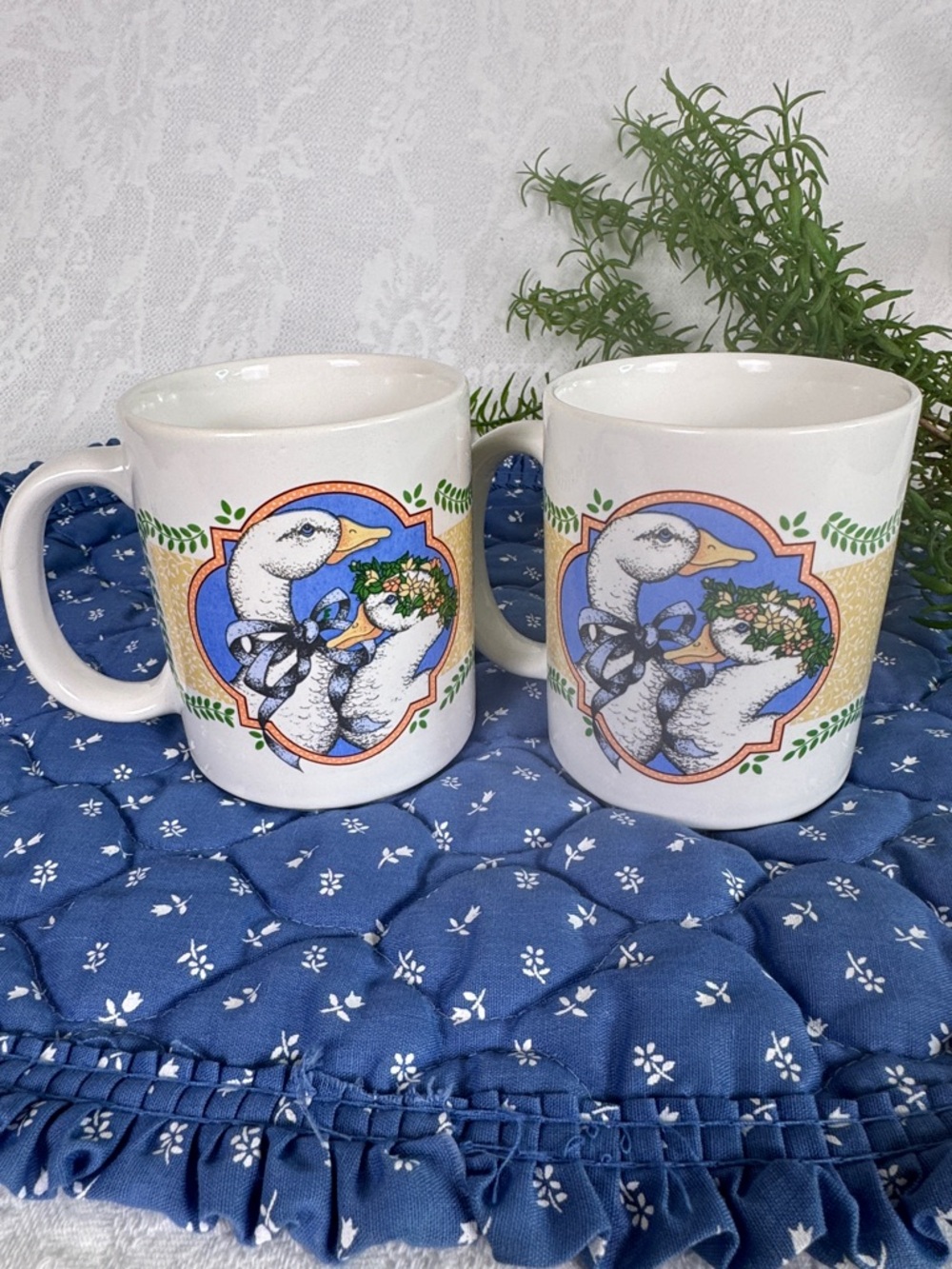 Vintage 80’s Cottagecore Blue Ribbon Goose Geese Ceramic Coffee Mug - Set of 2